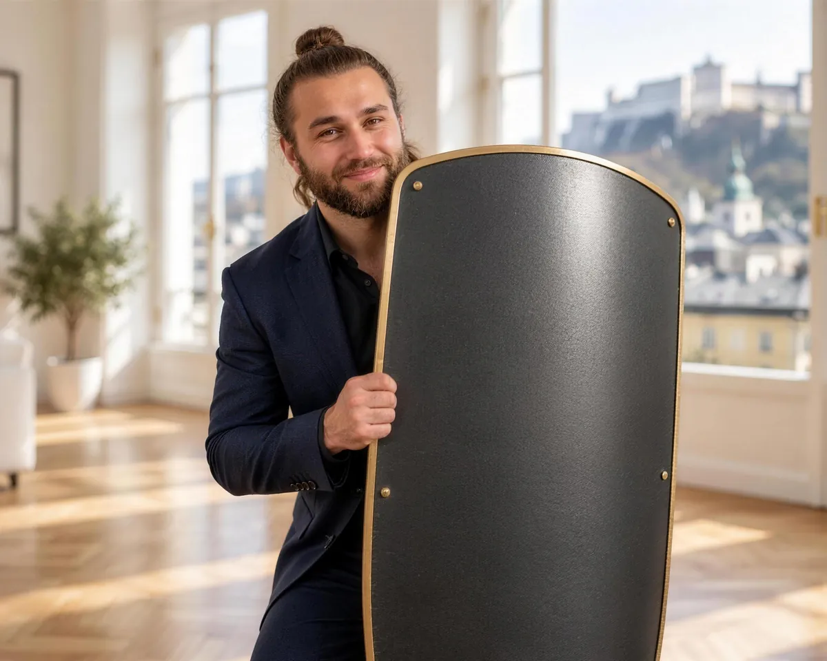 Mit AI erstelltes Bild: Richard Stangl schaut hinter einem Schutzschild hervor, im Hintergrund die Festung Hohensalzburg
