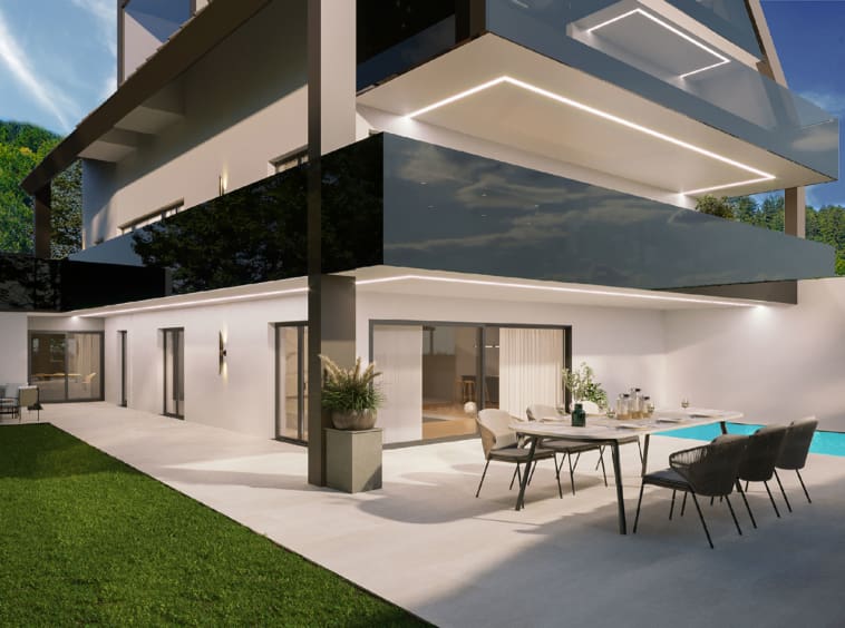 200m² Freiflächen, aufgeteilt auf Garten, Terrasse, Lichtinnenhof und Pool mit Gegenstromanlage (optional) runden dieses Angebot ab.